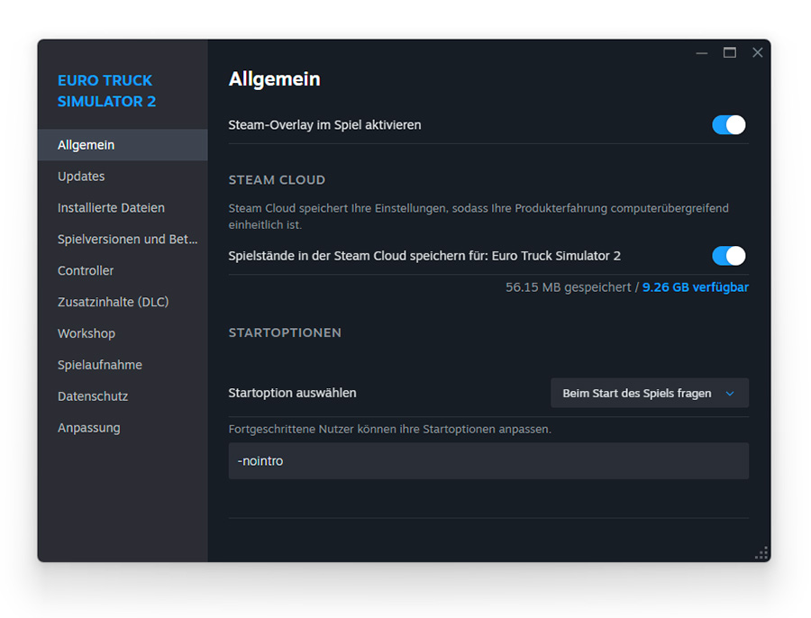 Screenshot der Steam-Startoptionen mit eingetragenem -nointro Parameter